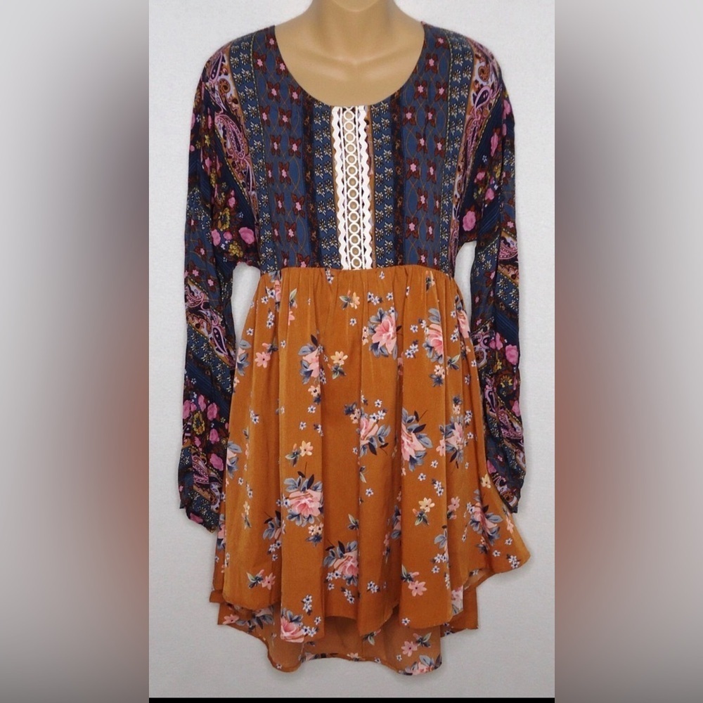 Umgee Dress Boho Babydoll Rust Teal Long Sleeve Tunic size L